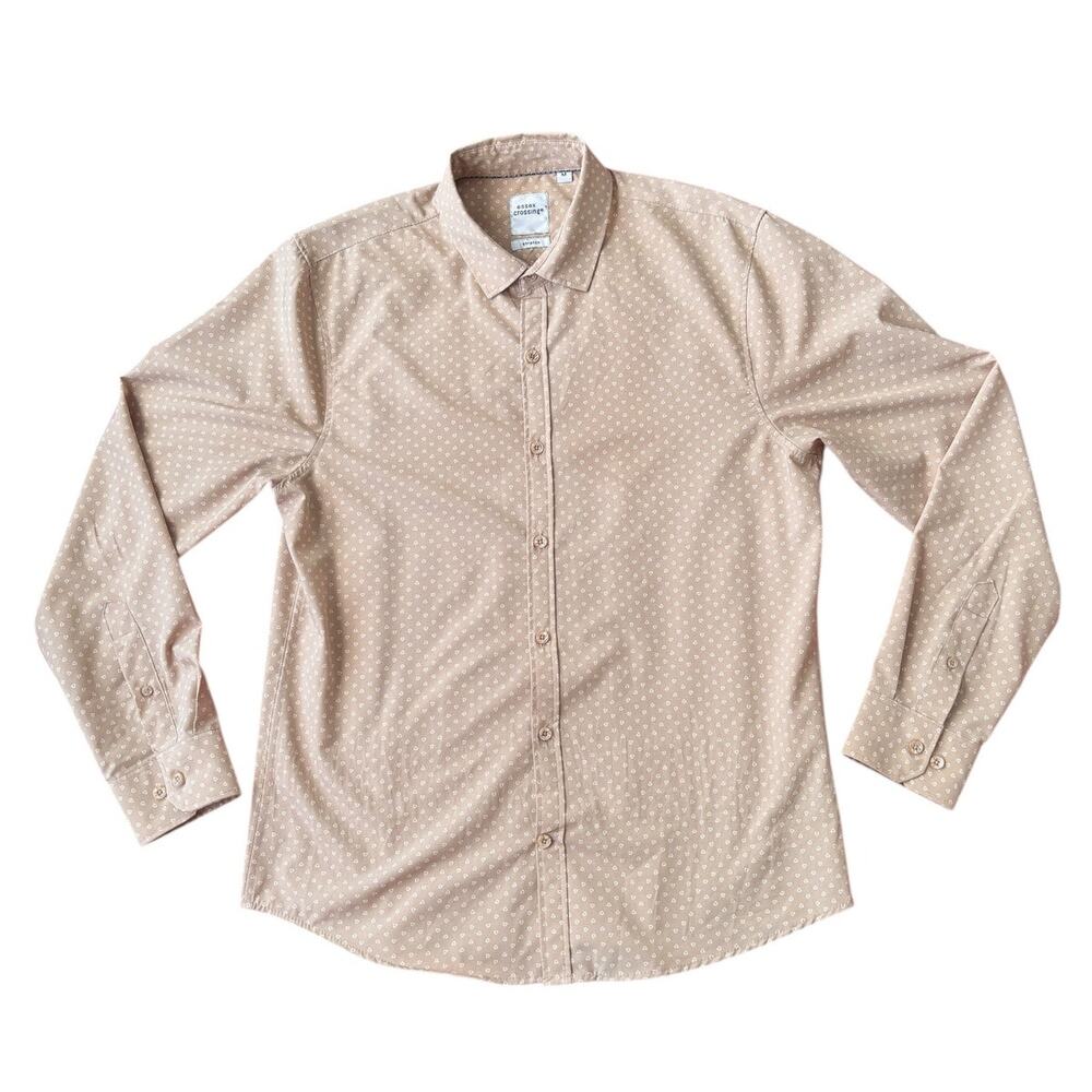 Tan Heart Print Button Shirt – Minimalist Stretch M